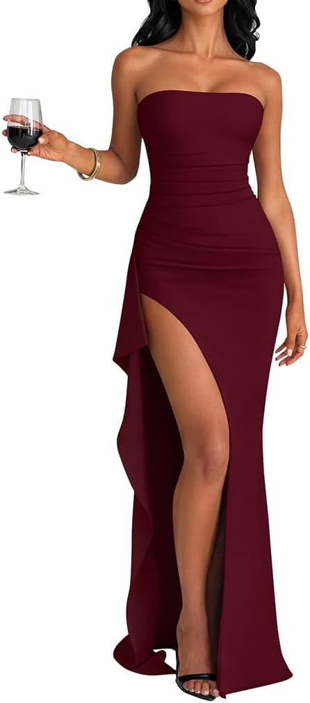 Strapless Ruched Bodycon Maxi Dress in Wine Red