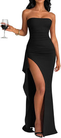 Strapless Ruched Bodycon Maxi Dress in Black