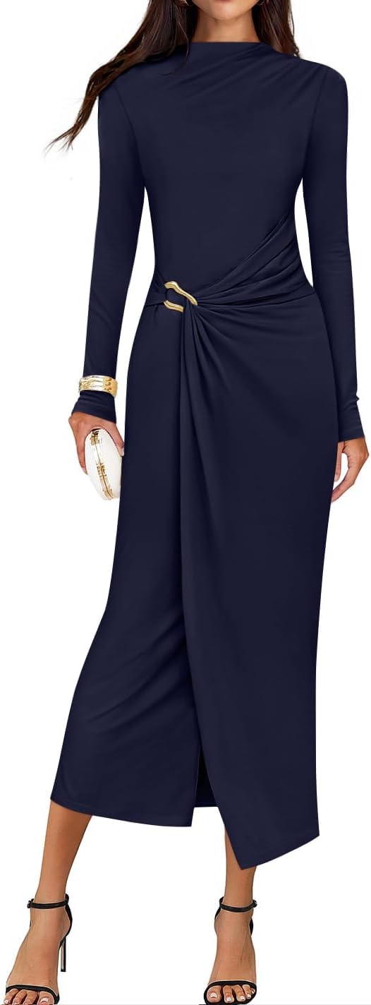 Button-Trim Long-Sleeve Ruched Knit Midi Dress in Navy