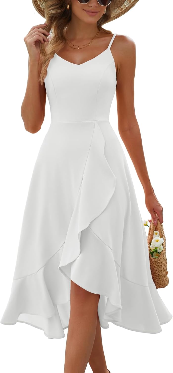 Ruffle High-Low Spaghetti Strap Cocktail Dress in White