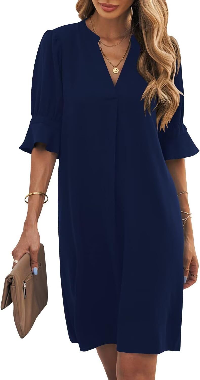 Ruffle-Sleeve V-Neck Swing Shift Mini Dress in Blue
