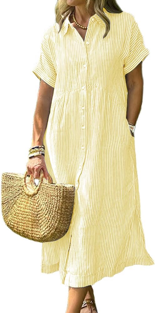 Striped Short-Sleeve Button-Down Midi Shirt Dress in Yellow