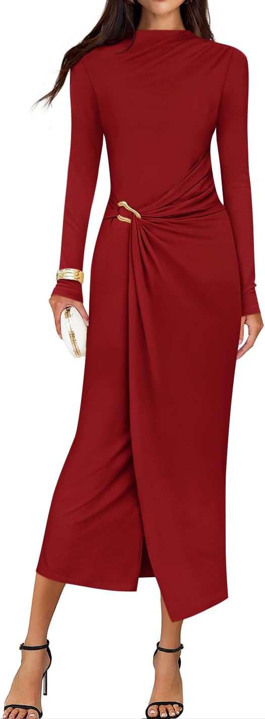 Button-Trim Long-Sleeve Ruched Knit Midi Dress in Red
