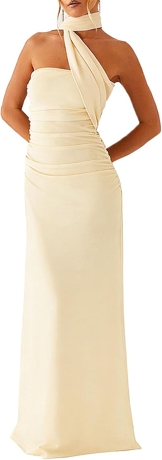 Floral Strapless Tube Maxi Dress with Scarf in Yellow