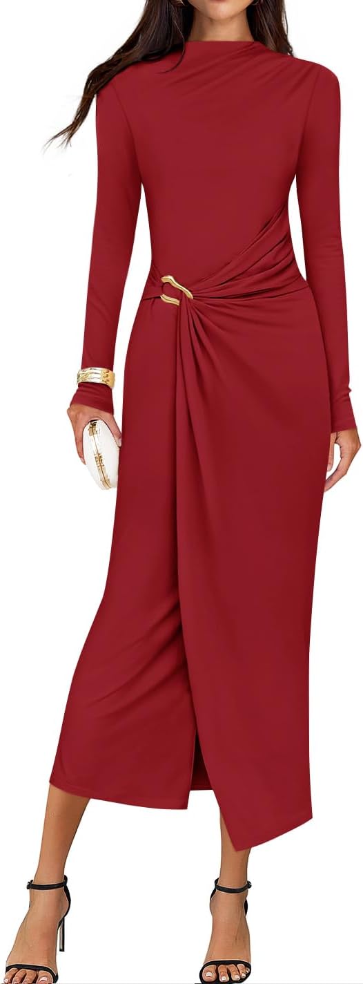 Button-Trim Long-Sleeve Ruched Knit Midi Dress in Burgundy