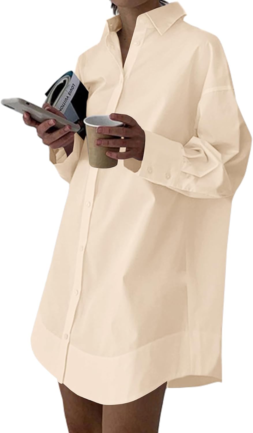 Collared V-Neck Long-Sleeve Button-Down Shirt Dress in Beige