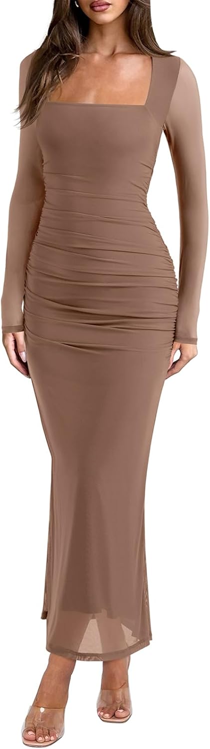 Sheer Mesh Square-Neck Long-Sleeve Ruched Maxi Dress in Chanterelle