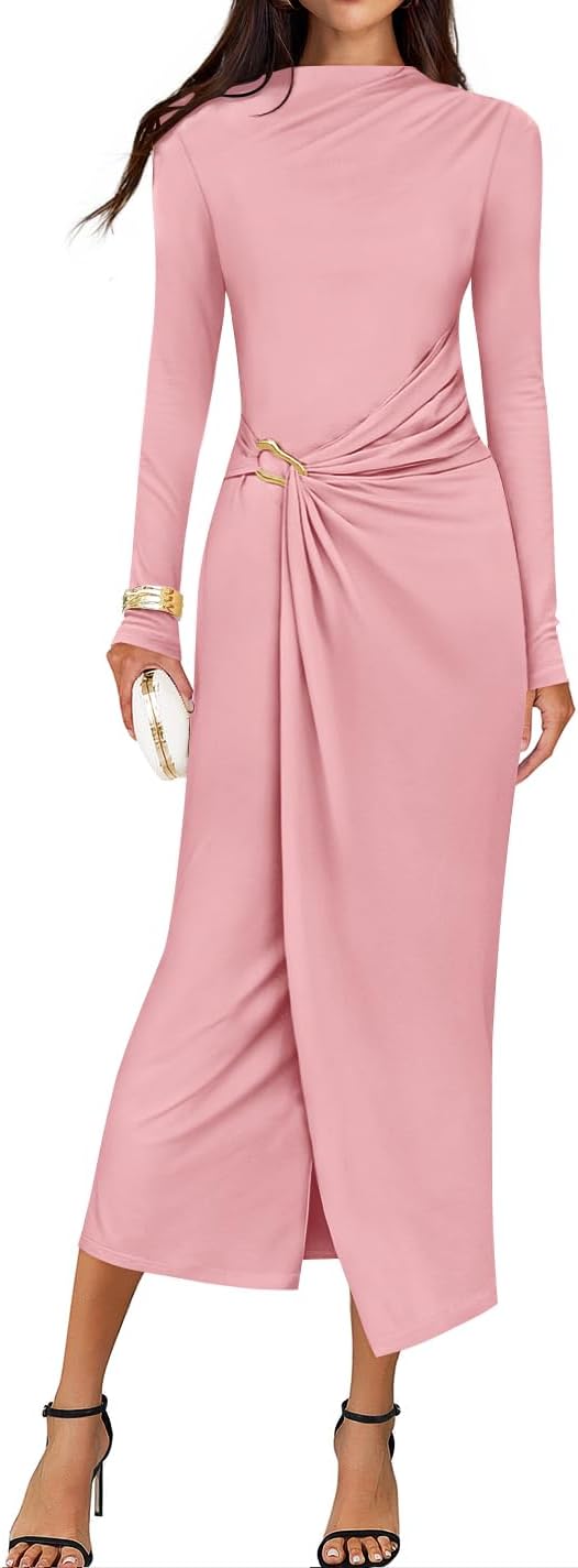Button-Trim Long-Sleeve Ruched Knit Midi Dress in Pink