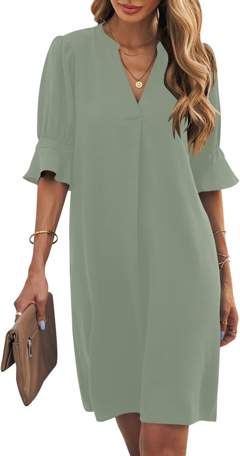 Ruffle-Sleeve V-Neck Swing Shift Mini Dress in Light Green