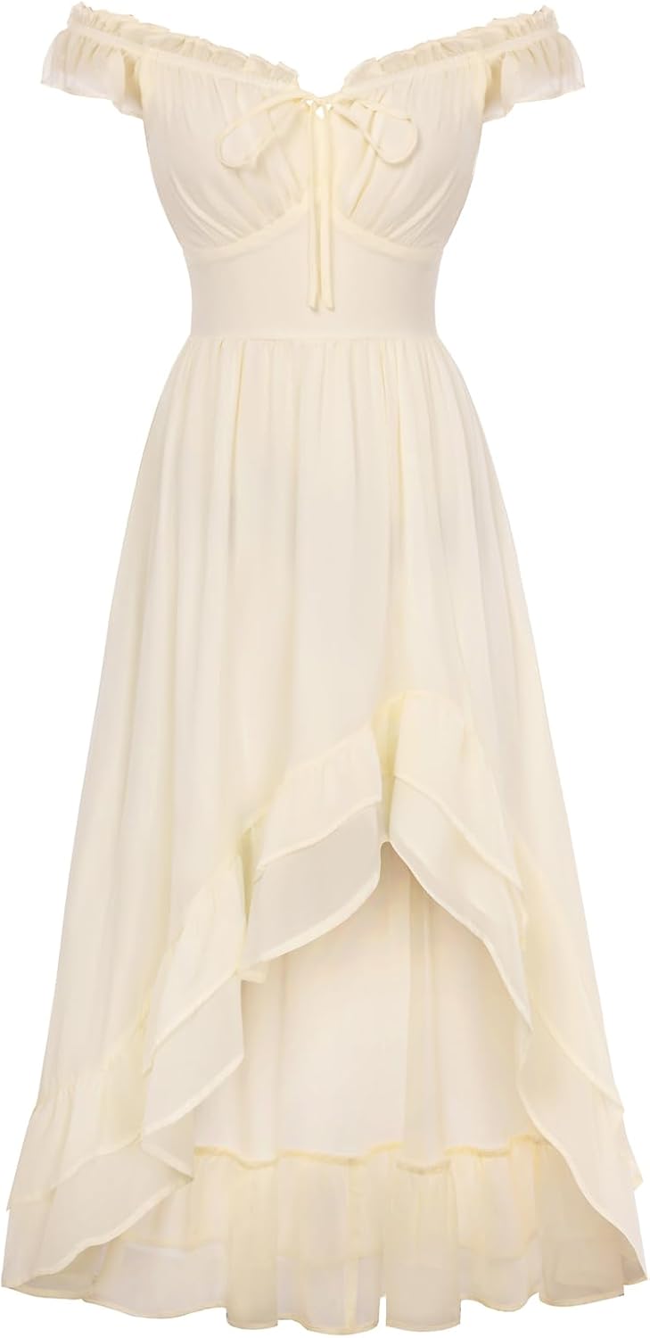Off-Shoulder Chiffon Corset High-Low Dress in Apricot