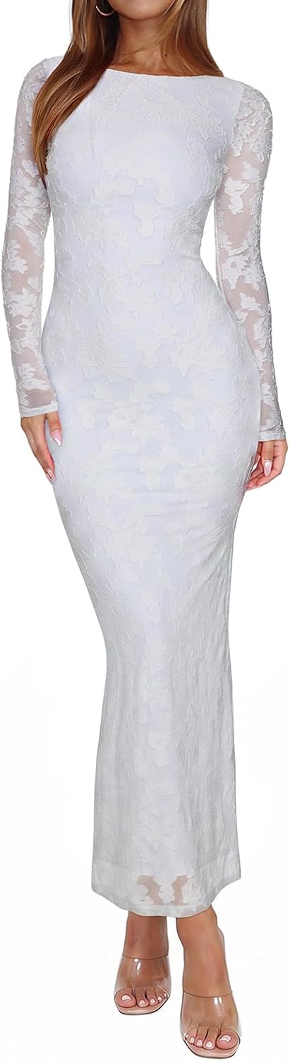 Sheer Mesh Long-Sleeve Floral Bodycon Maxi Dress in Cocoa White Flower
