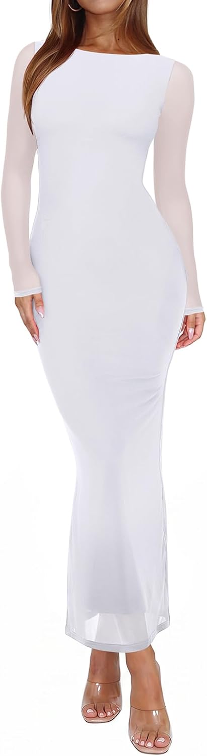 Sheer Mesh Long-Sleeve Floral Bodycon Maxi Dress in Brilliant White