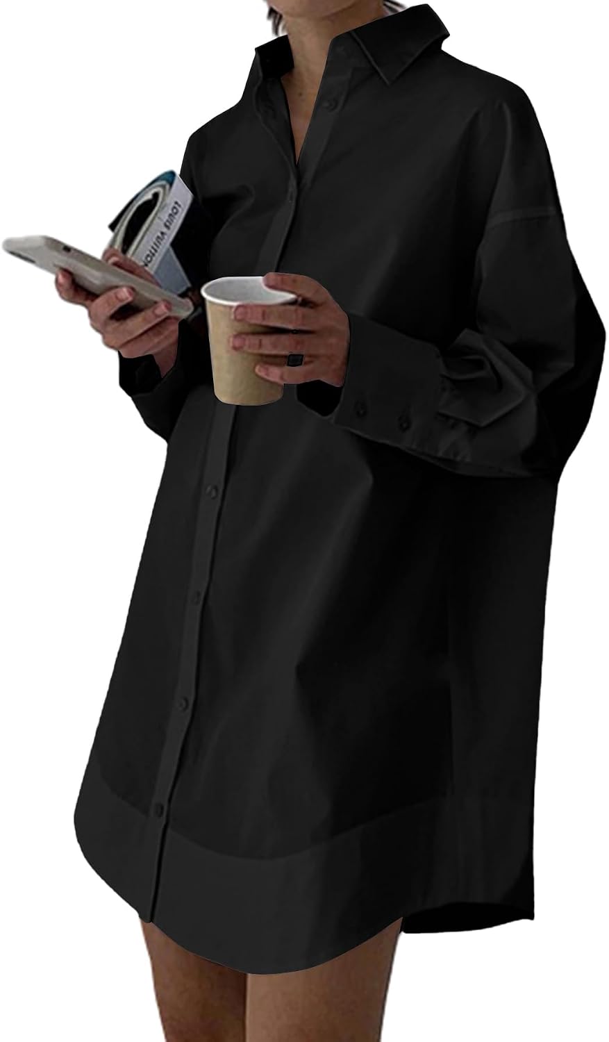 Collared V-Neck Long-Sleeve Button-Down Shirt Dress in Solid Black