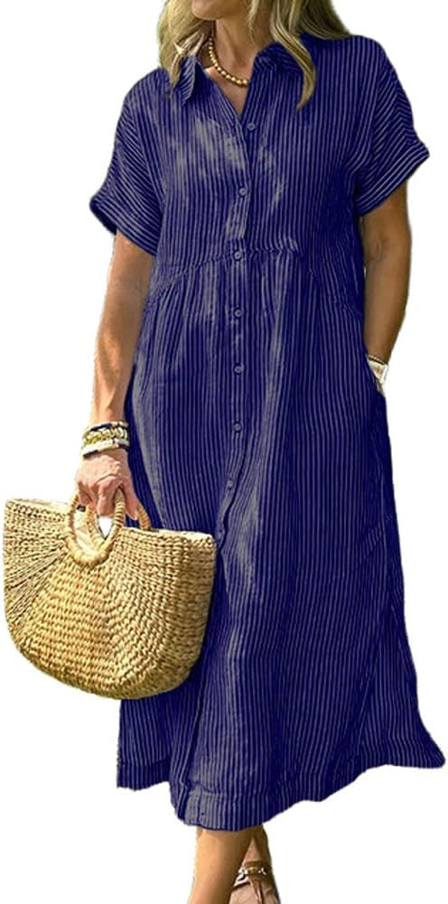 Striped Short-Sleeve Button-Down Midi Shirt Dress in Navy Blue