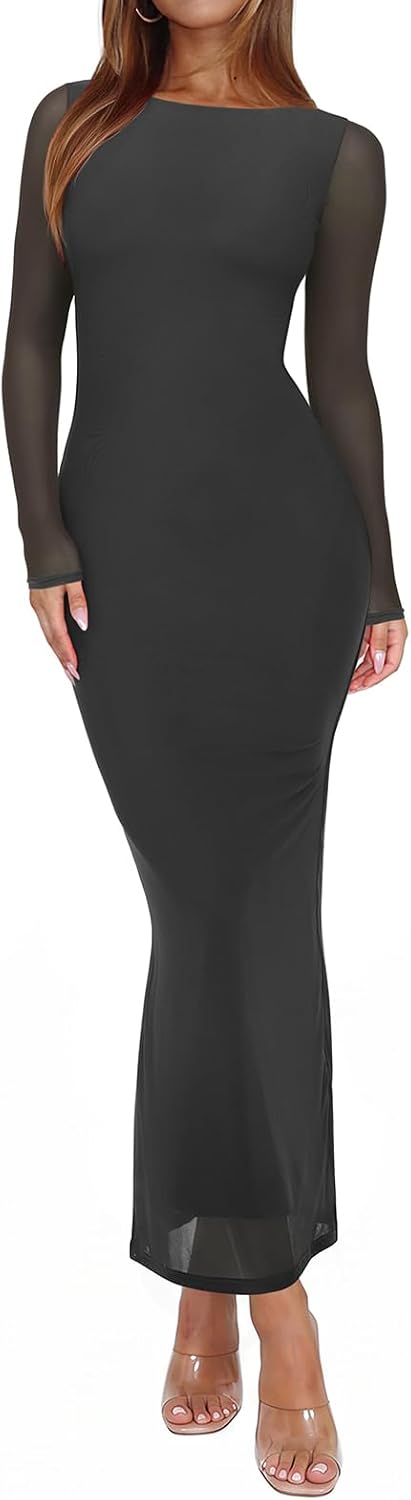 Sheer Mesh Long-Sleeve Floral Bodycon Maxi Dress in Thyme