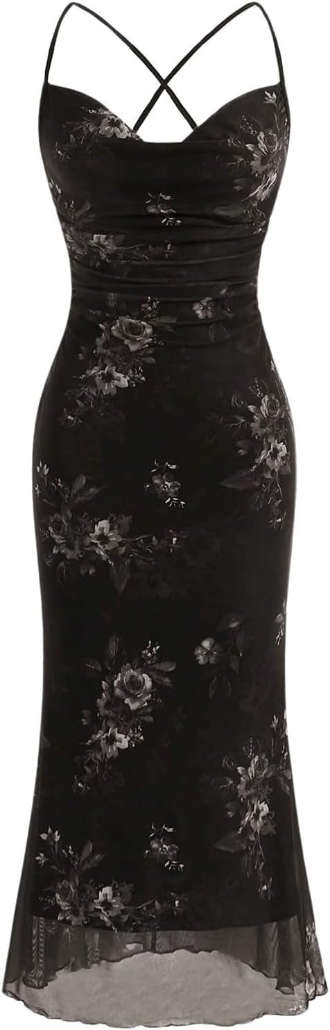 Floral Mesh Cowl-Neck Cami Maxi Dress in Black Floral