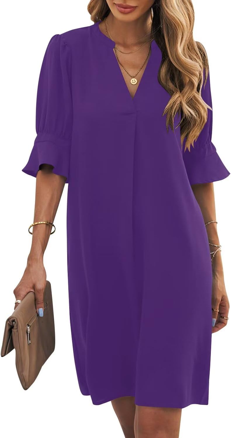Ruffle-Sleeve V-Neck Swing Shift Mini Dress in Purple