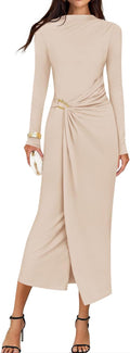 Button-Trim Long-Sleeve Ruched Knit Midi Dress in Apricot