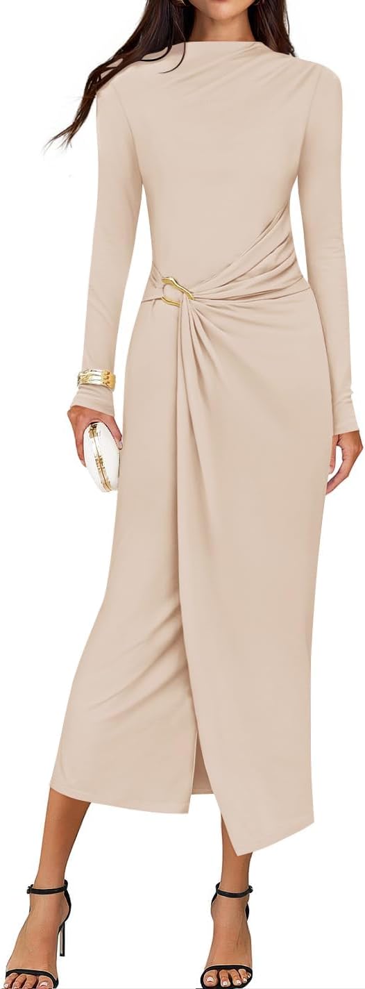 Button-Trim Long-Sleeve Ruched Knit Midi Dress in Apricot