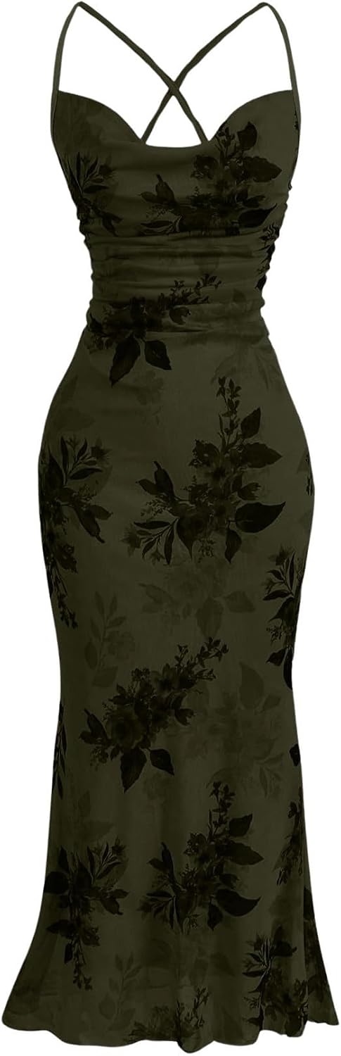 Floral Mesh Cowl-Neck Cami Maxi Dress in Army Green Floral