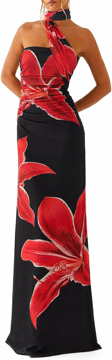 Floral Strapless Tube Maxi Dress with Scarf in Wine Red