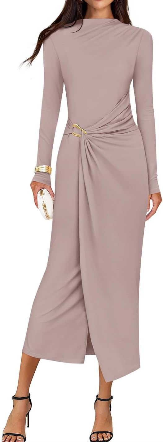 Button-Trim Long-Sleeve Ruched Knit Midi Dress in Light Khaki