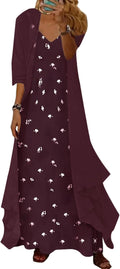 Spaghetti Strap Dress with Sheer Cardigan, 2-Piece Set in Burgundy