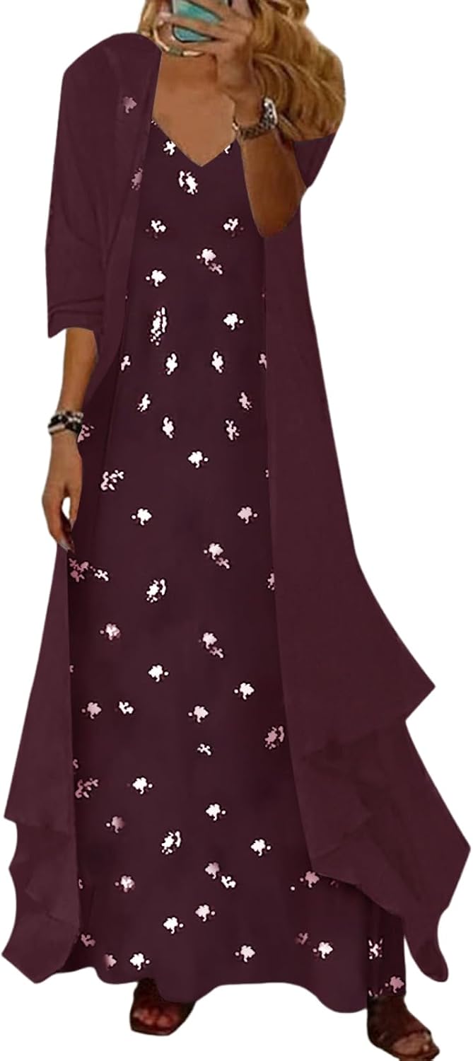Spaghetti Strap Dress with Sheer Cardigan, 2-Piece Set in Burgundy