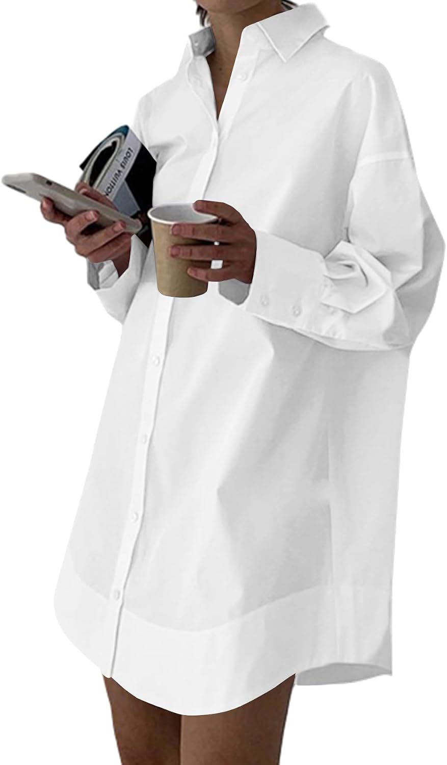 Collared V-Neck Long-Sleeve Button-Down Shirt Dress in White