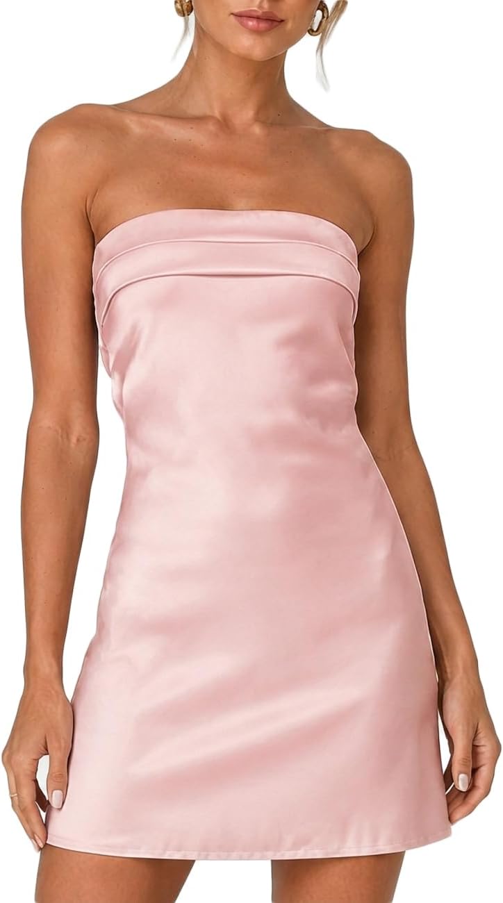 Satin Strapless Backless Tube Mini Dress in Pink