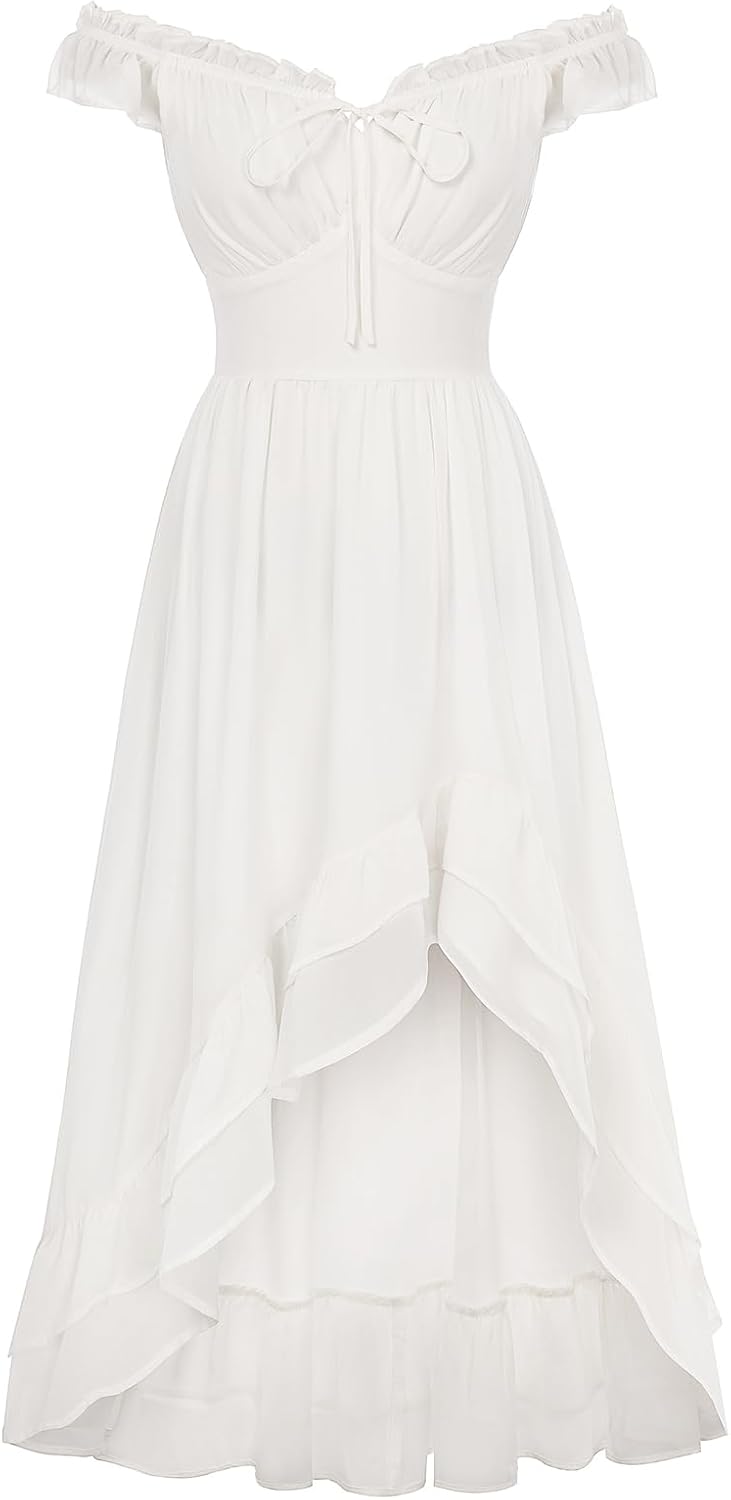 Off-Shoulder Chiffon Corset High-Low Dress in White