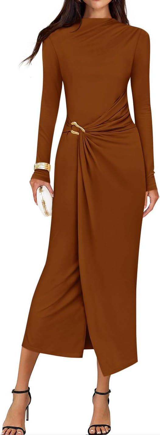 Button-Trim Long-Sleeve Ruched Knit Midi Dress in Caramel