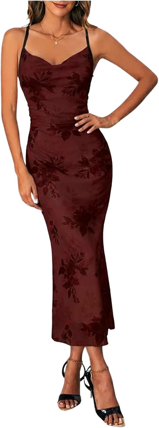 Floral Mesh Cowl-Neck Cami Maxi Dress in Burgundy Floral
