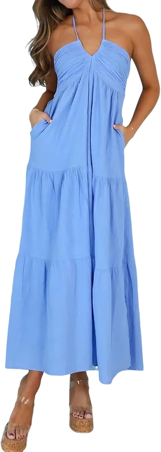 Halter Tiered Maxi Dress in Azure