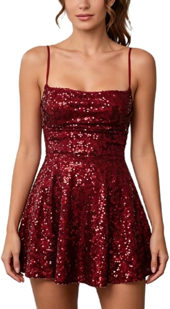 Sequin Spaghetti Strap Slip Mini Dress in E Burgundy