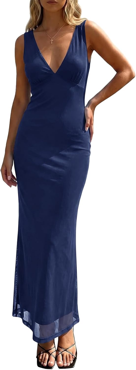 Polka Dot Mesh Deep V-Neck Backless Maxi Dress in Navy