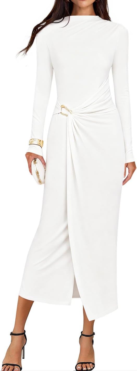 Button-Trim Long-Sleeve Ruched Knit Midi Dress in Beige