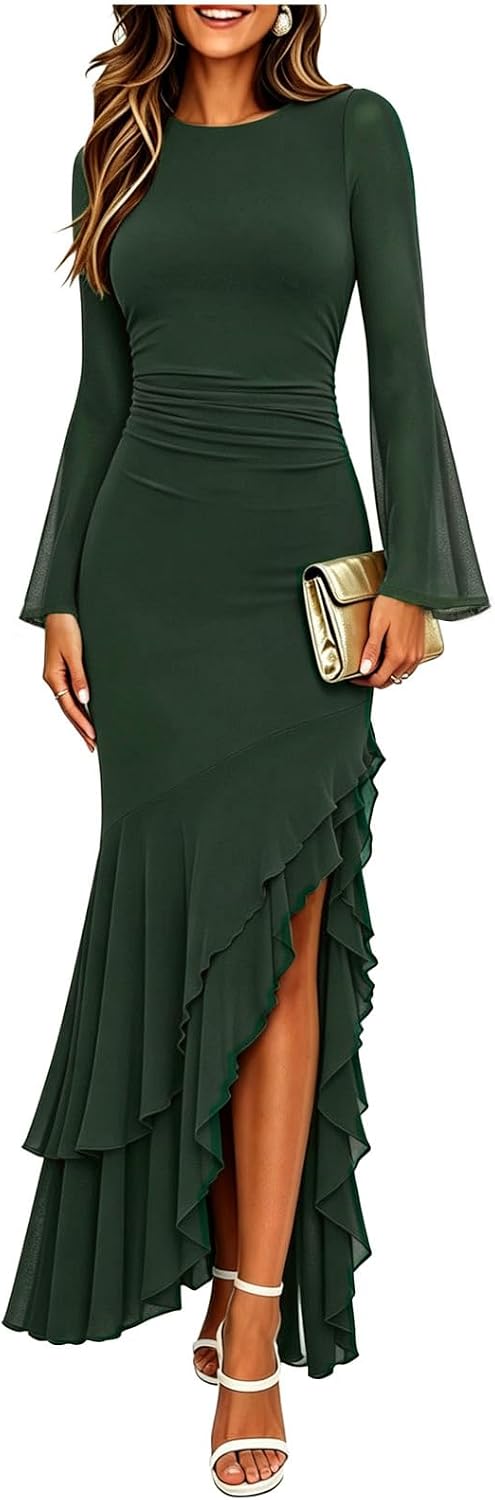 Ruched Mesh Long-Sleeve Mermaid Maxi Dress in Dark Green
