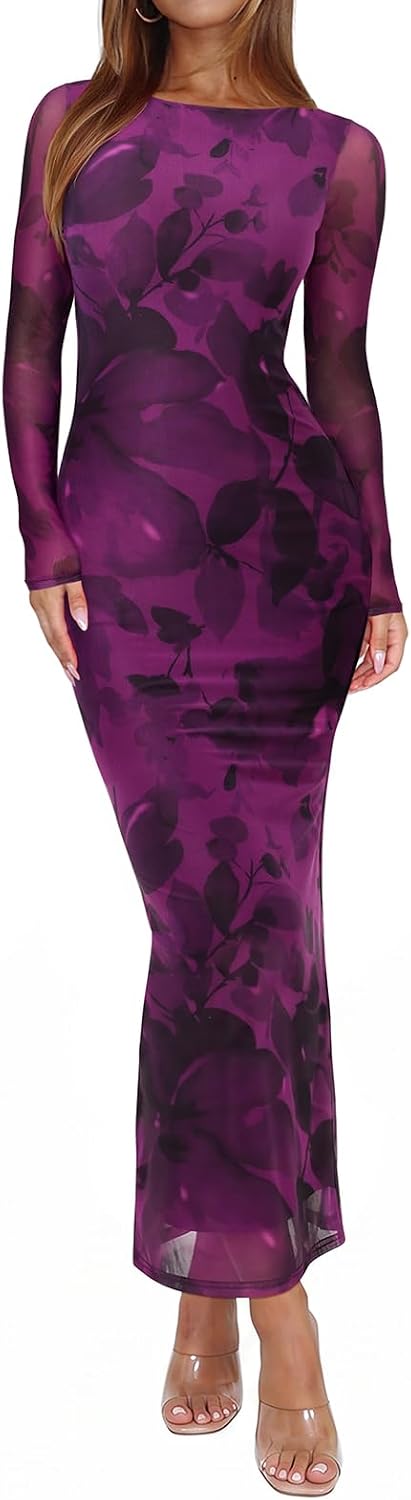 Sheer Mesh Long-Sleeve Floral Bodycon Maxi Dress in Purple Nebula Blossom