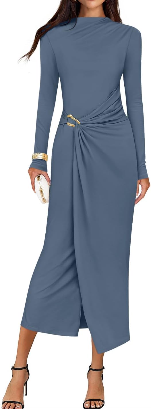 Button-Trim Long-Sleeve Ruched Knit Midi Dress in Dusty Blue
