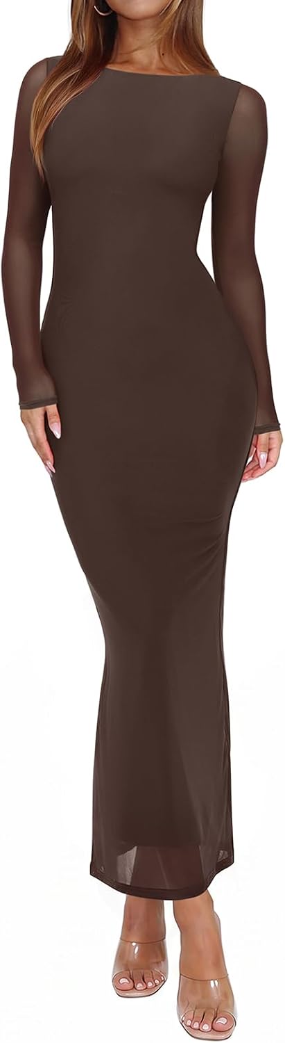 Sheer Mesh Long-Sleeve Floral Bodycon Maxi Dress in Shaved Chocolate