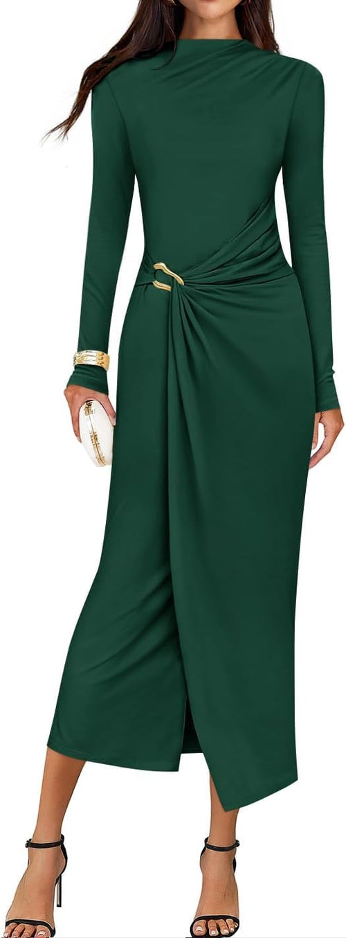 Button-Trim Long-Sleeve Ruched Knit Midi Dress in Green