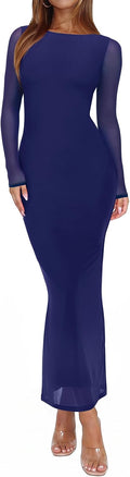 Sheer Mesh Long-Sleeve Floral Bodycon Maxi Dress in Bellwether Blue