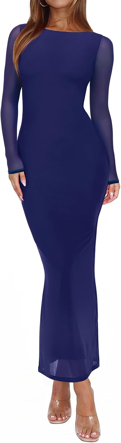 Sheer Mesh Long-Sleeve Floral Bodycon Maxi Dress in Bellwether Blue