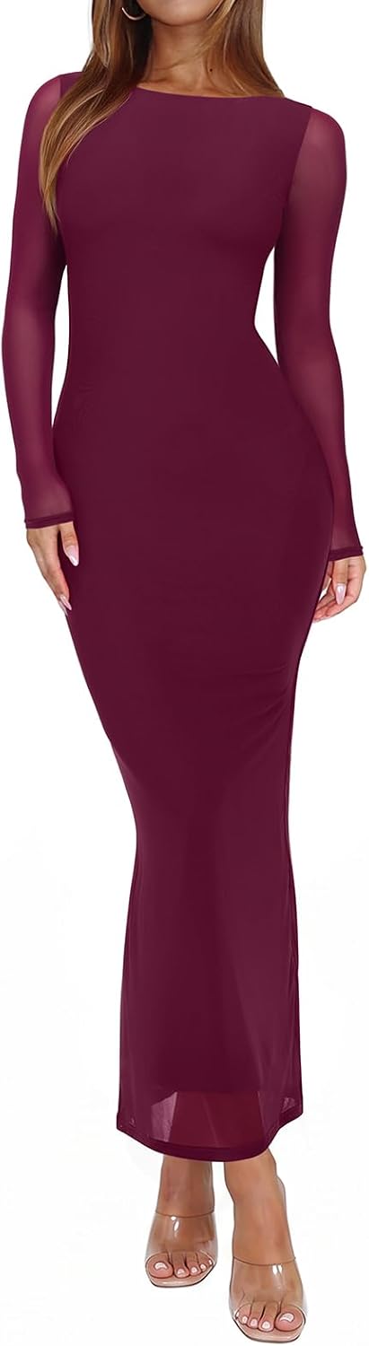 Sheer Mesh Long-Sleeve Floral Bodycon Maxi Dress in Cordovan