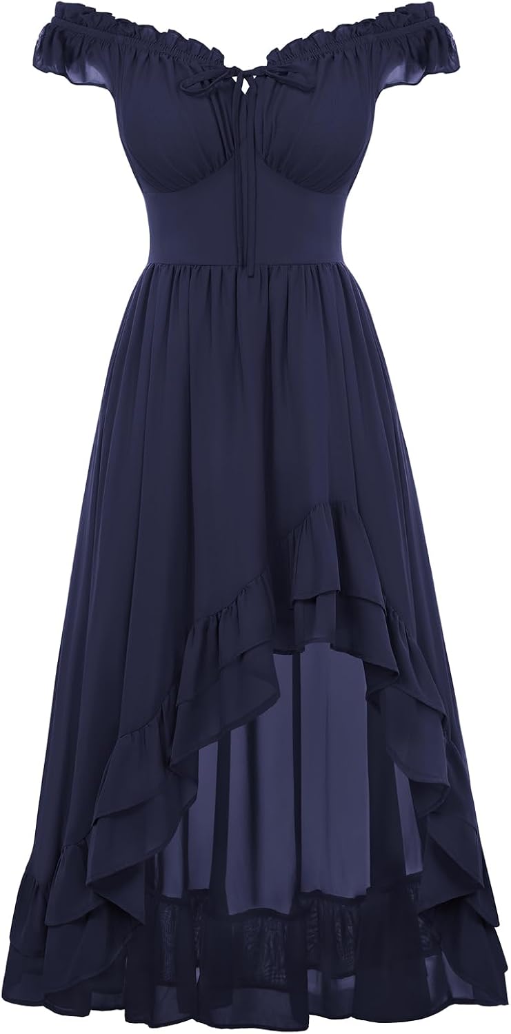 Off-Shoulder Chiffon Corset High-Low Dress in Navy Blue