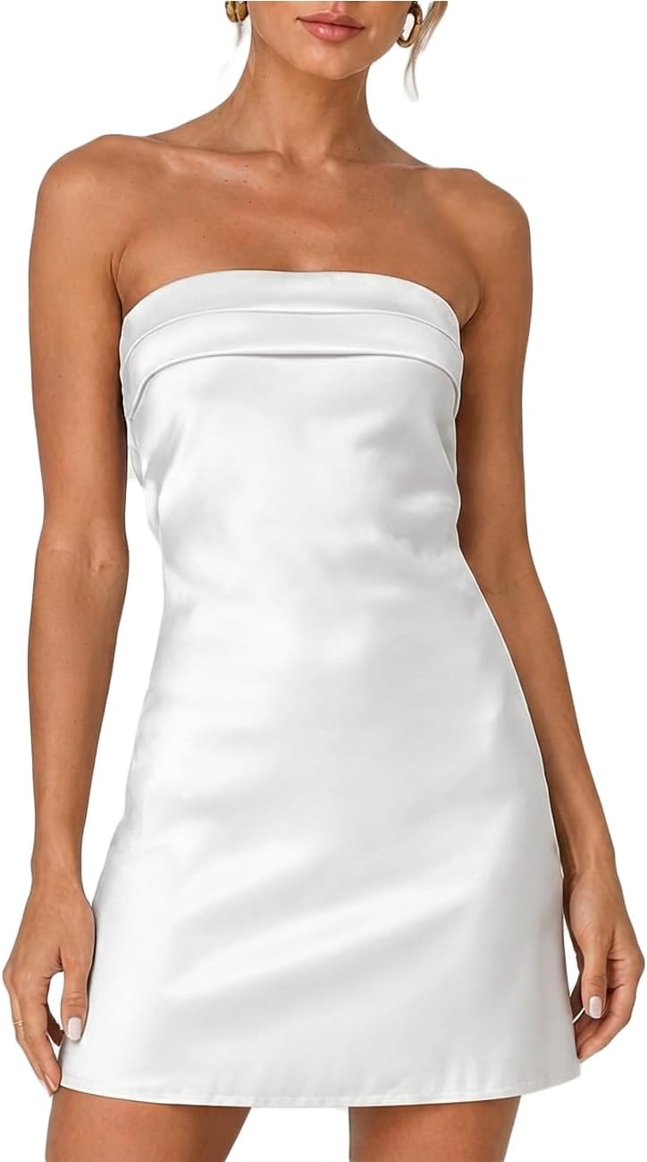 Satin Strapless Backless Tube Mini Dress in White