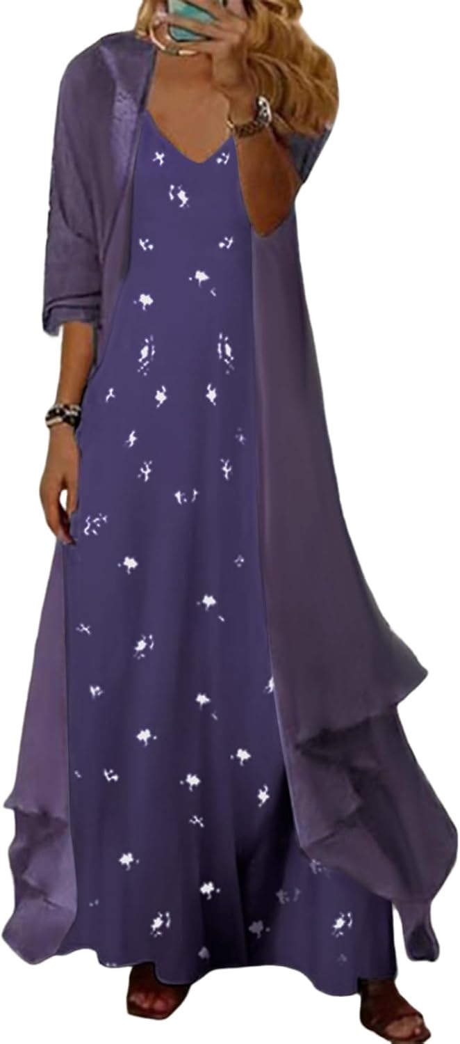 Spaghetti Strap Dress with Sheer Cardigan, 2-Piece Set in Purple