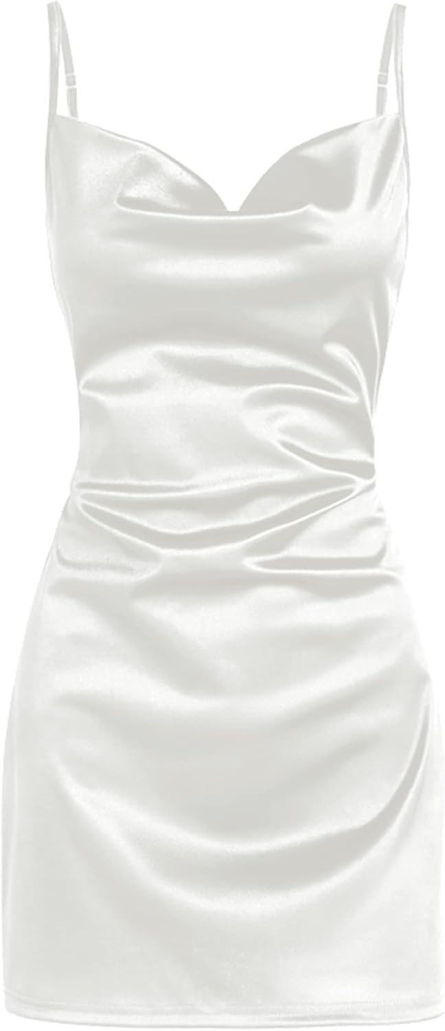 Satin Cowl-Neck Spaghetti Strap Slip Mini Dress in White
