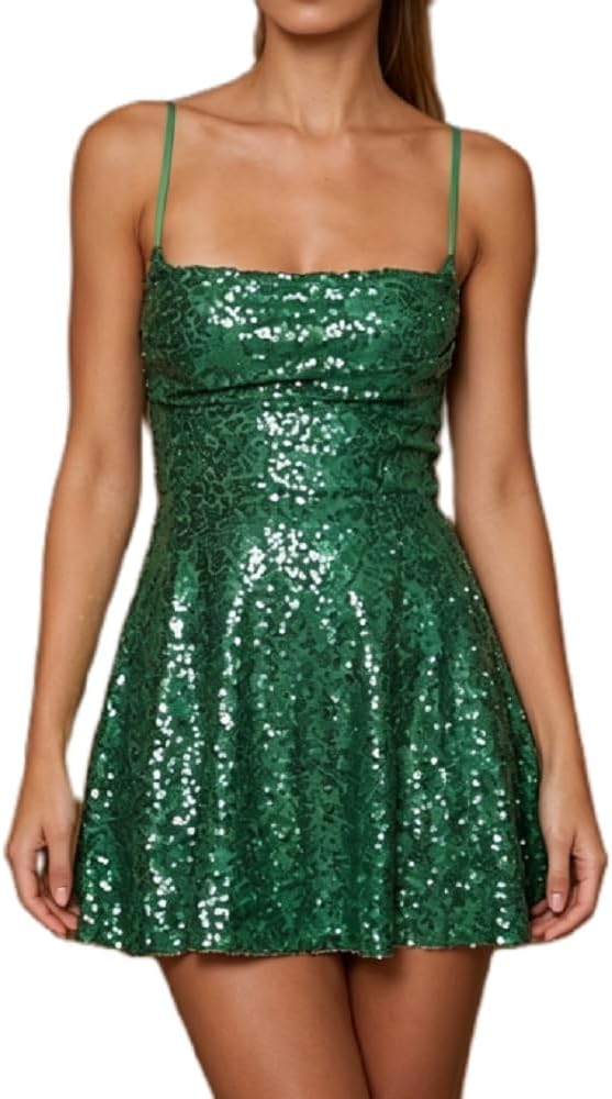 Sequin Spaghetti Strap Slip Mini Dress in E Green